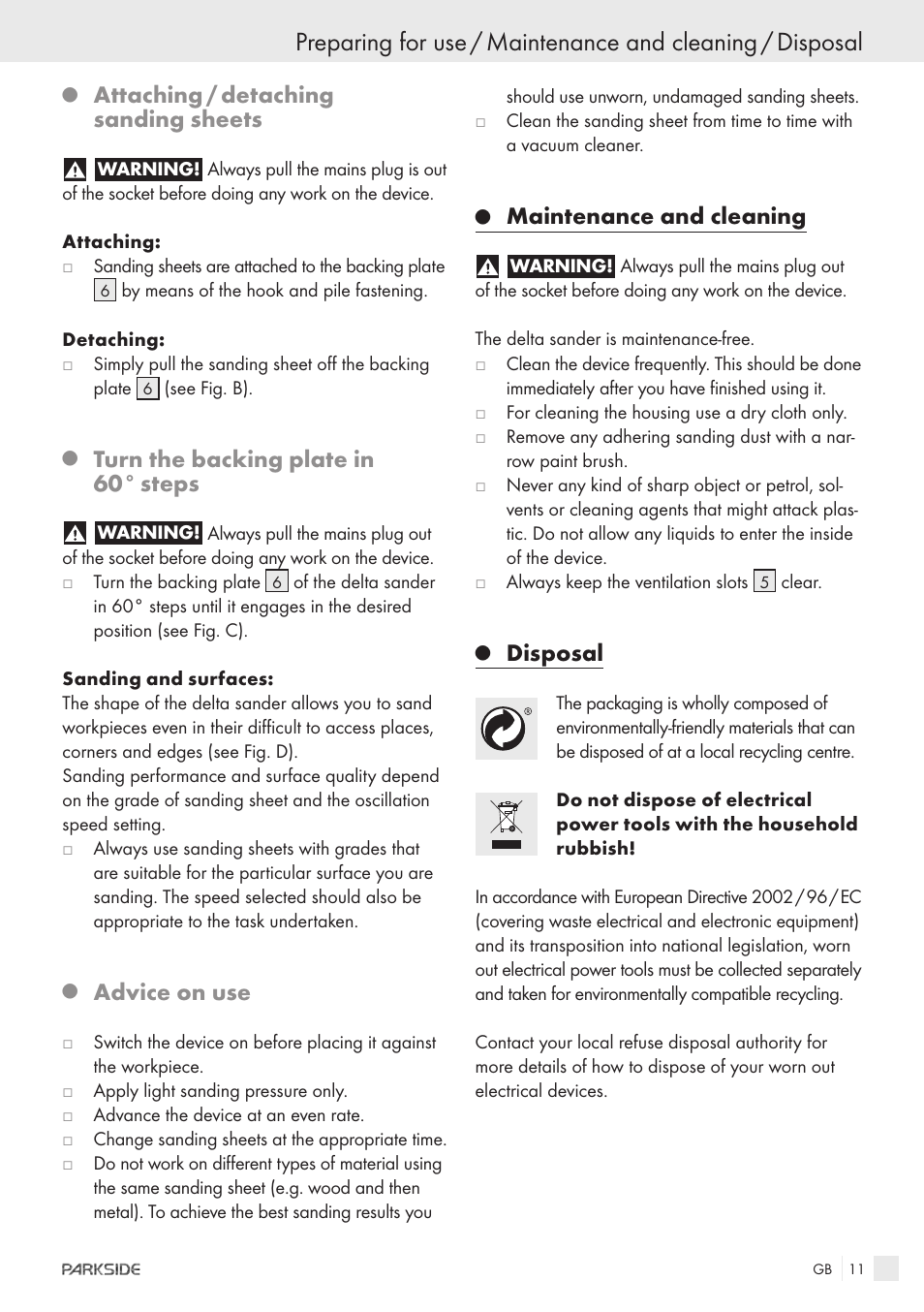 Attaching / detaching sanding sheets, Turn the backing plate in 60° steps, Advice on use | Maintenance and cleaning, Disposal | Parkside IEEE 802.3AF POE-1200 User Manual | Page 9 / 68