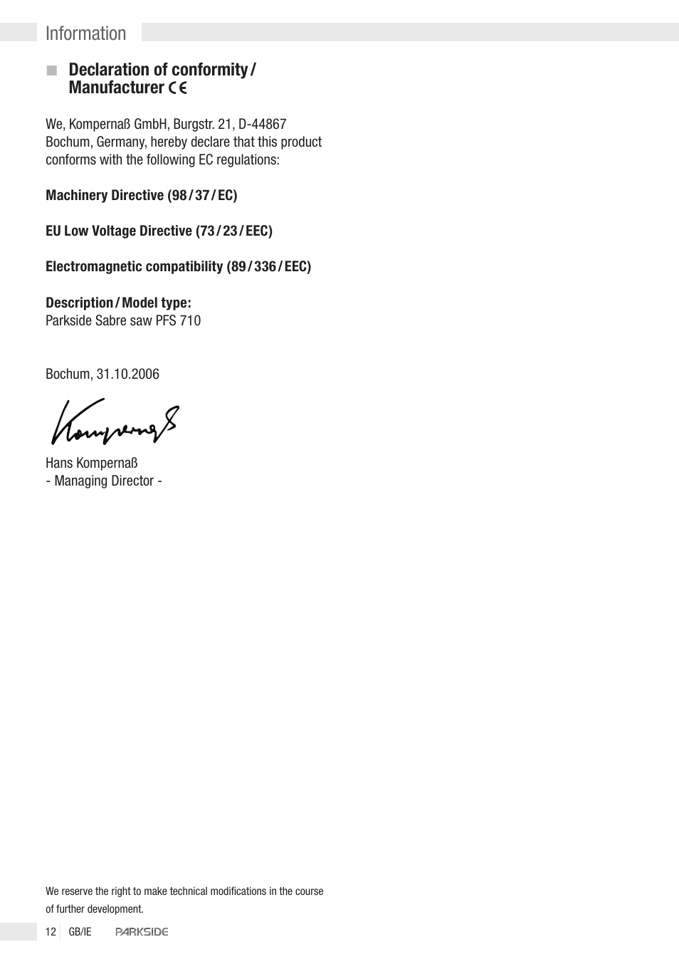 Information, Declaration of conformity / manufacturer | Parkside PFS 710 User Manual | Page 10 / 10