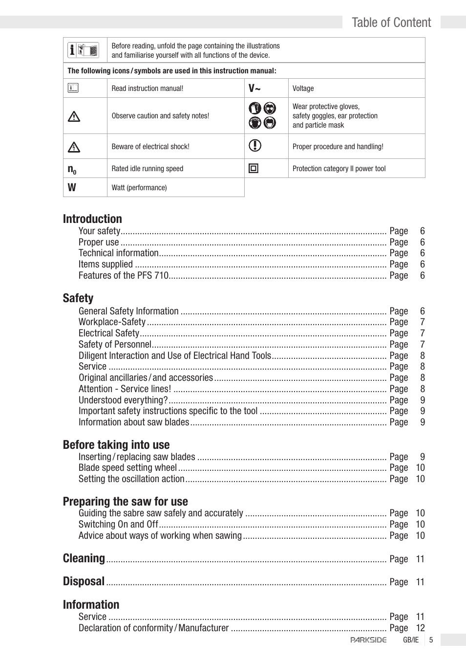 Table of content, Introduction, Safety | Before taking into use, Preparing the saw for use, Cleaning, Disposal, Information | Parkside PFS 710 User Manual | Page 3 / 10