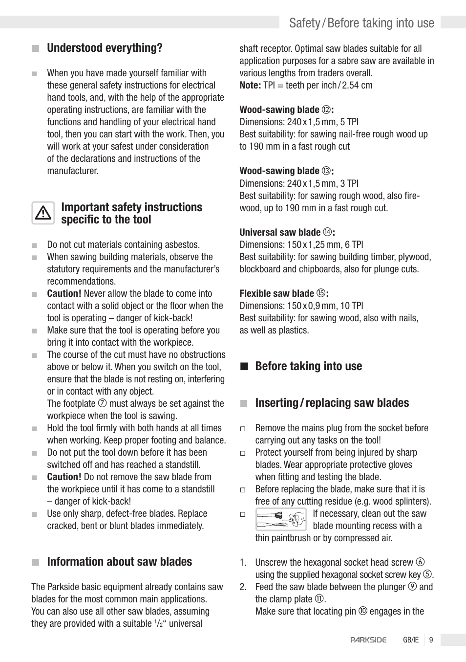 Safety / before taking into use, Understood everything, Important safety instructions specific to the tool | Information about saw blades, Before taking into use, Inserting / replacing saw blades | Parkside PFS 710 User Manual | Page 7 / 10