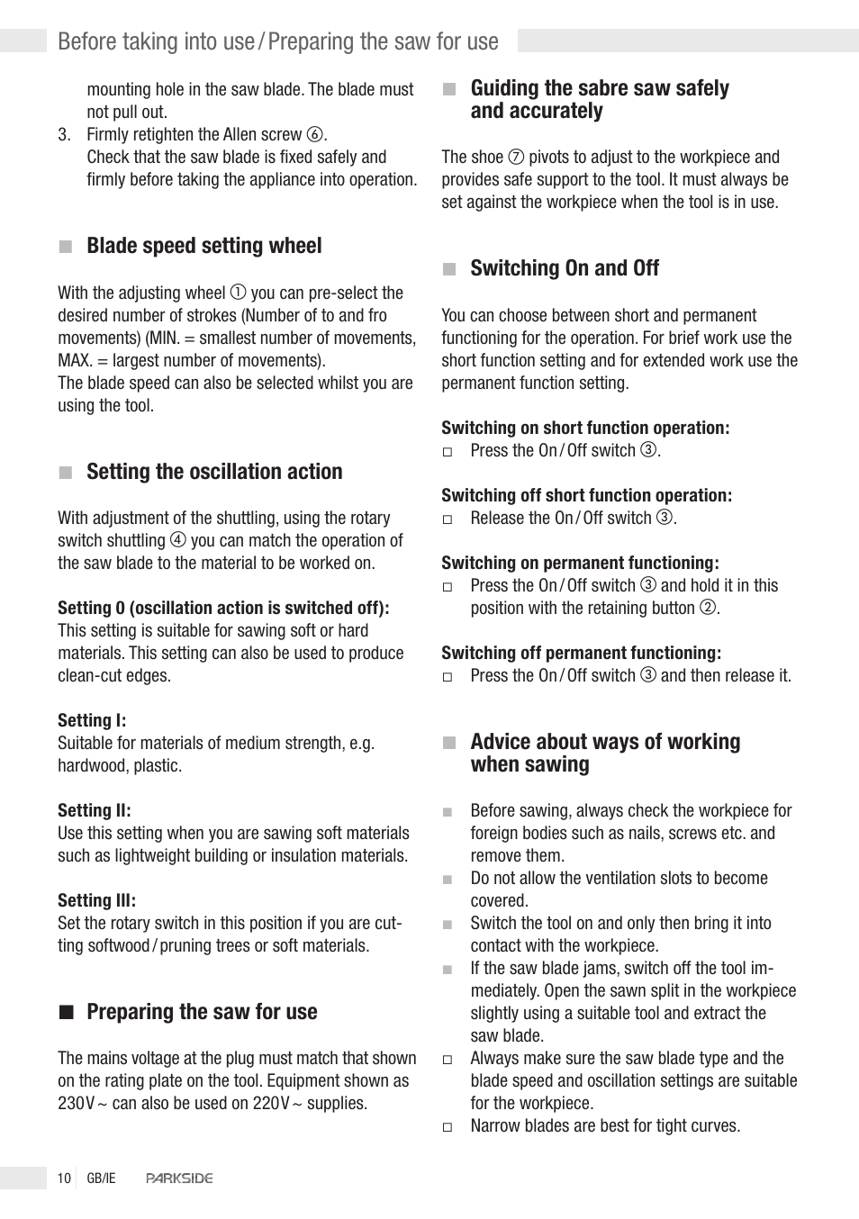 Before taking into use / preparing the saw for use | Parkside PFS 710 User Manual | Page 8 / 10