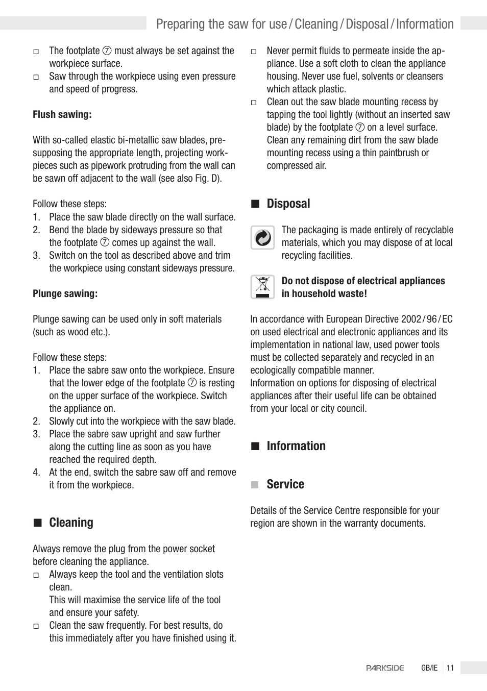 Cleaning, Disposal, Information | Service | Parkside PFS 710 User Manual | Page 9 / 10
