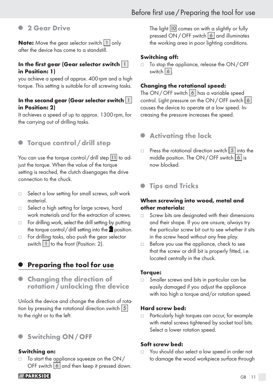 Before ﬁrst use / preparing the tool for use, 2 gear drive, Torque control / drill step | Preparing the tool for use, Switching on / off, Activating the lock, Tips and tricks | Parkside PABS10.8-LI User Manual | Page 10 / 84