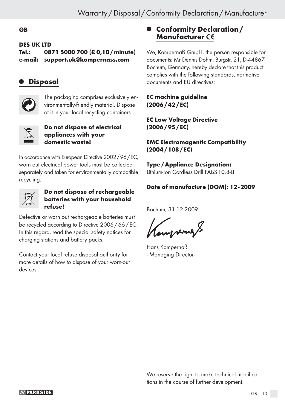 Disposal, Conformity declaration / manufacturer | Parkside PABS10.8-LI User Manual | Page 12 / 84