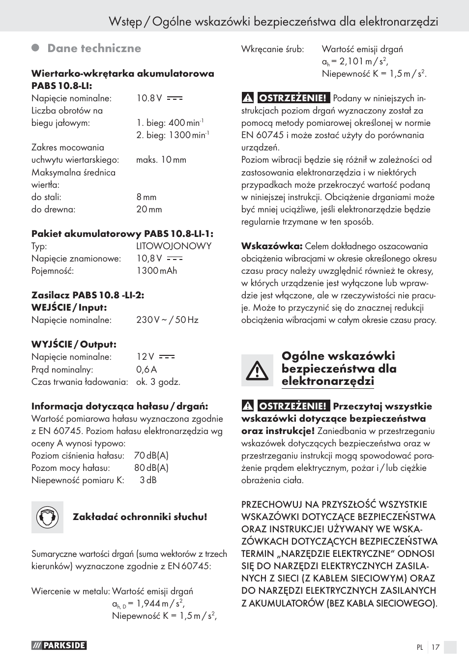 Dane techniczne | Parkside PABS10.8-LI User Manual | Page 16 / 84