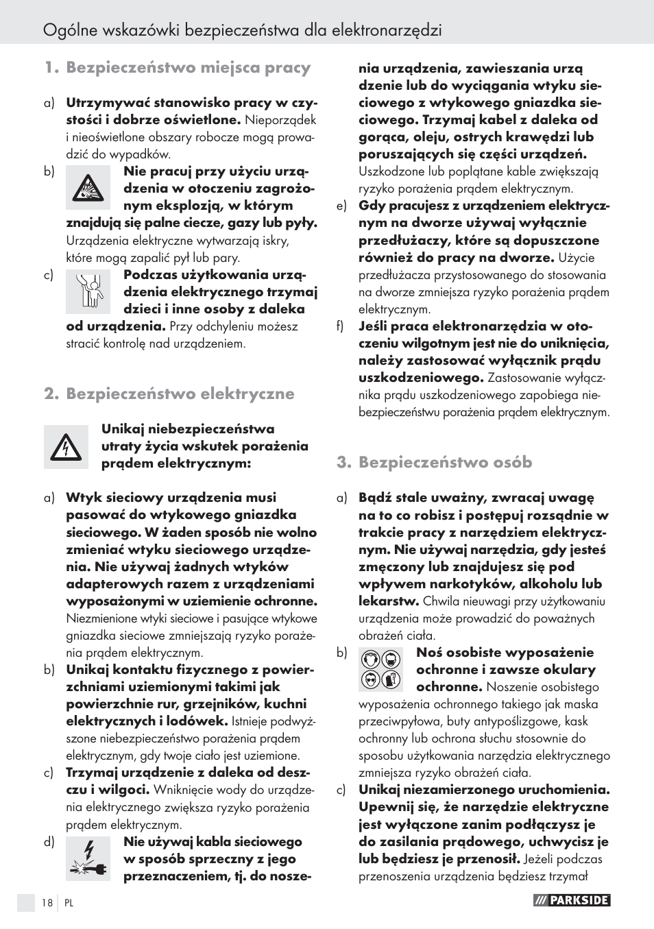 Bezpieczeństwo miejsca pracy, Bezpieczeństwo elektryczne, Bezpieczeństwo osób | Parkside PABS10.8-LI User Manual | Page 17 / 84