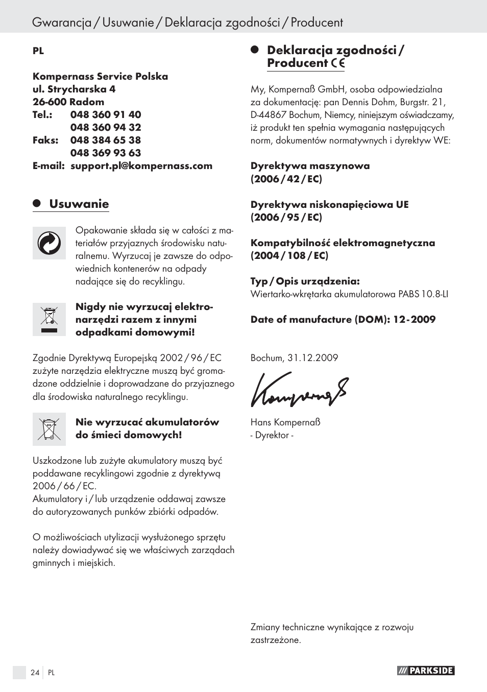 Usuwanie, Deklaracja zgodności / producent | Parkside PABS10.8-LI User Manual | Page 23 / 84