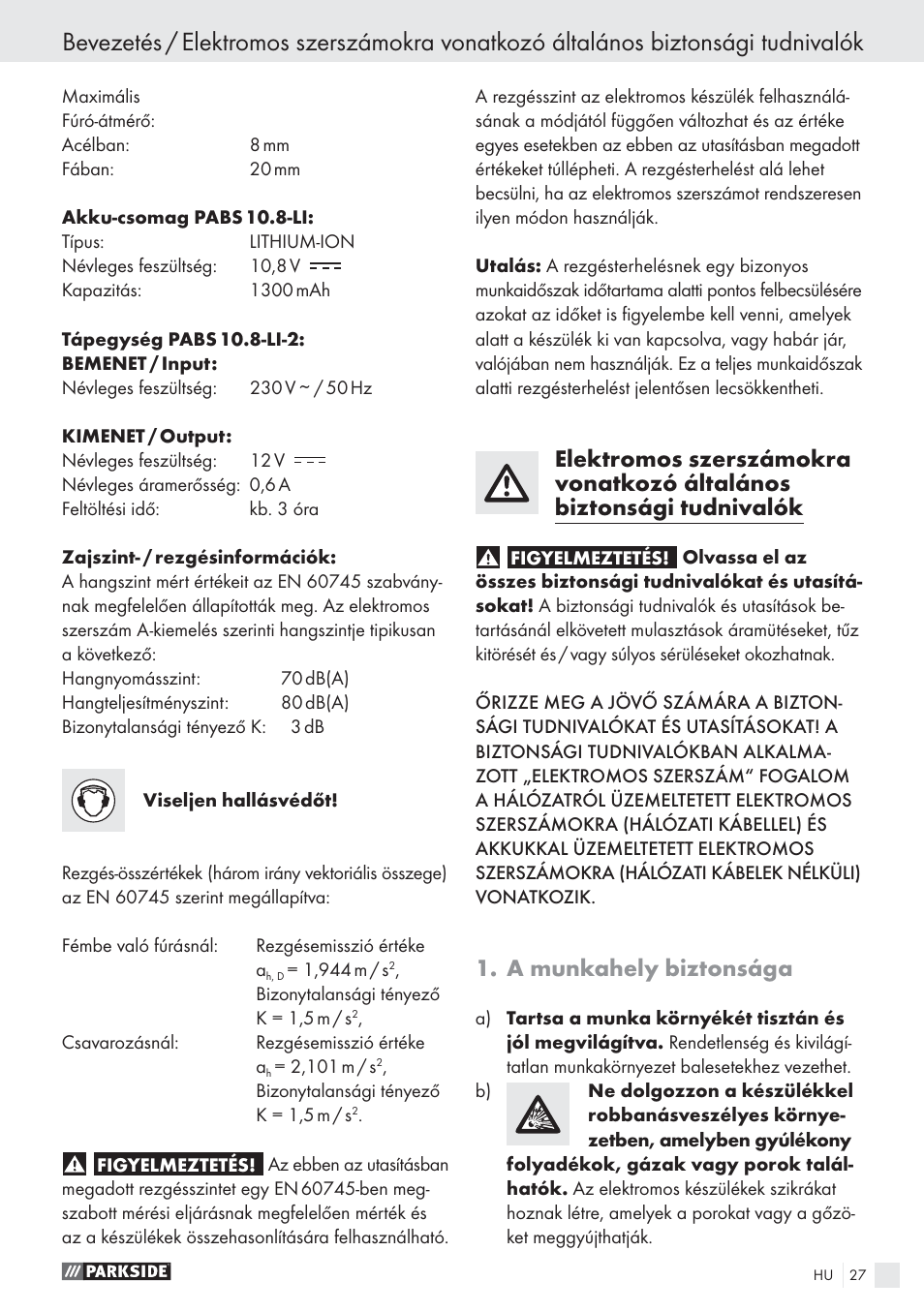 A munkahely biztonsága | Parkside PABS10.8-LI User Manual | Page 26 / 84