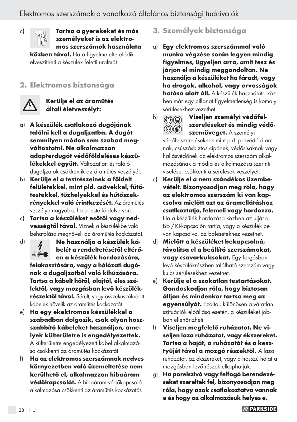 Elektromos biztonsága, Személyek biztonsága | Parkside PABS10.8-LI User Manual | Page 27 / 84