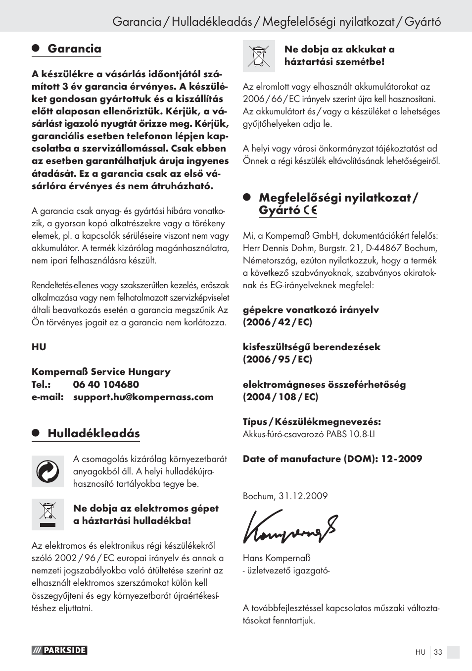 Garancia, Hulladékleadás, Megfelelőségi nyilatkozat / gyártó | Parkside PABS10.8-LI User Manual | Page 32 / 84