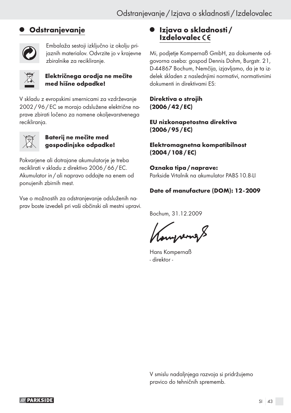 Odstranjevanje / izjava o skladnosti / izdelovalec, Odstranjevanje, Izjava o skladnosti / izdelovalec | Parkside PABS10.8-LI User Manual | Page 42 / 84