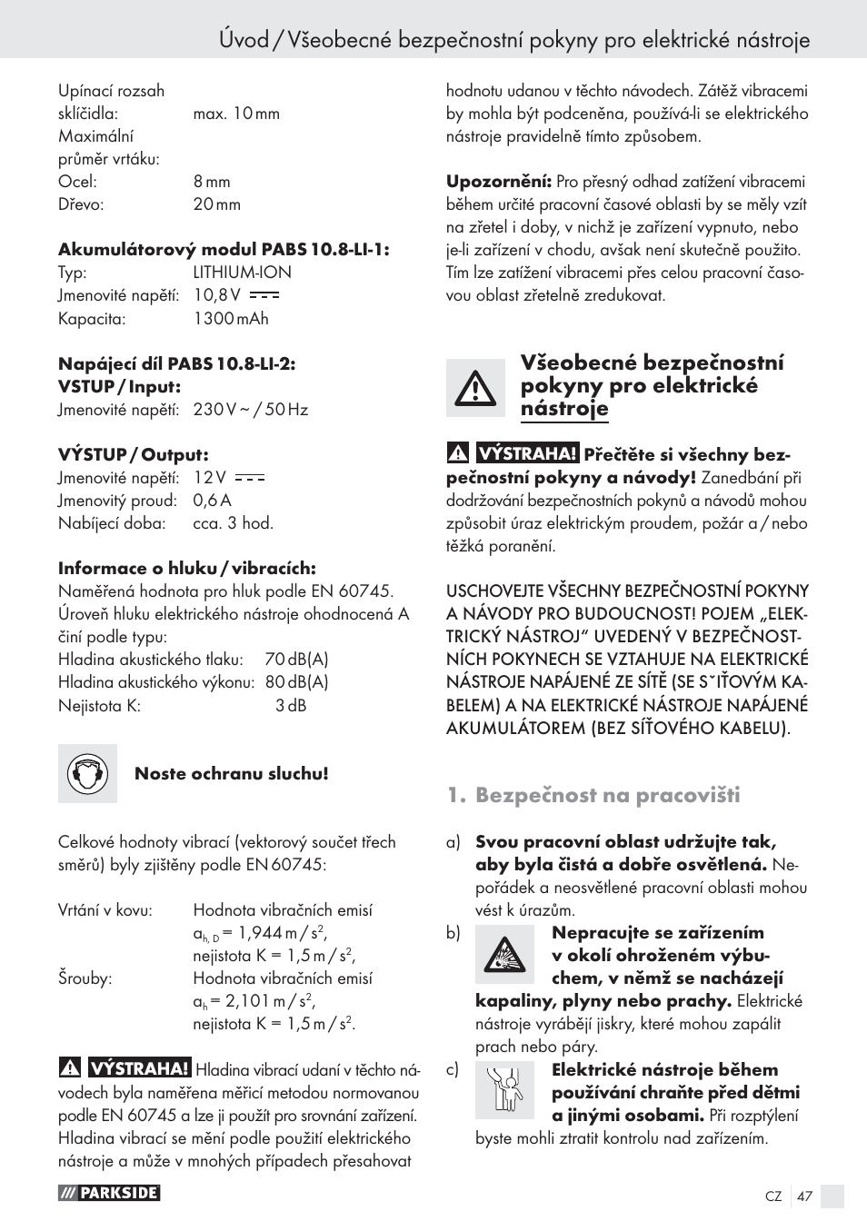 Bezpečnost na pracovišti | Parkside PABS10.8-LI User Manual | Page 46 / 84