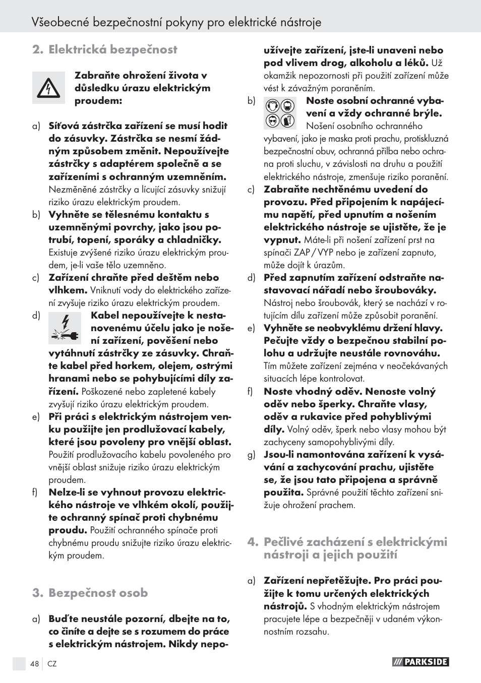 Elektrická bezpečnost, Bezpečnost osob | Parkside PABS10.8-LI User Manual | Page 47 / 84