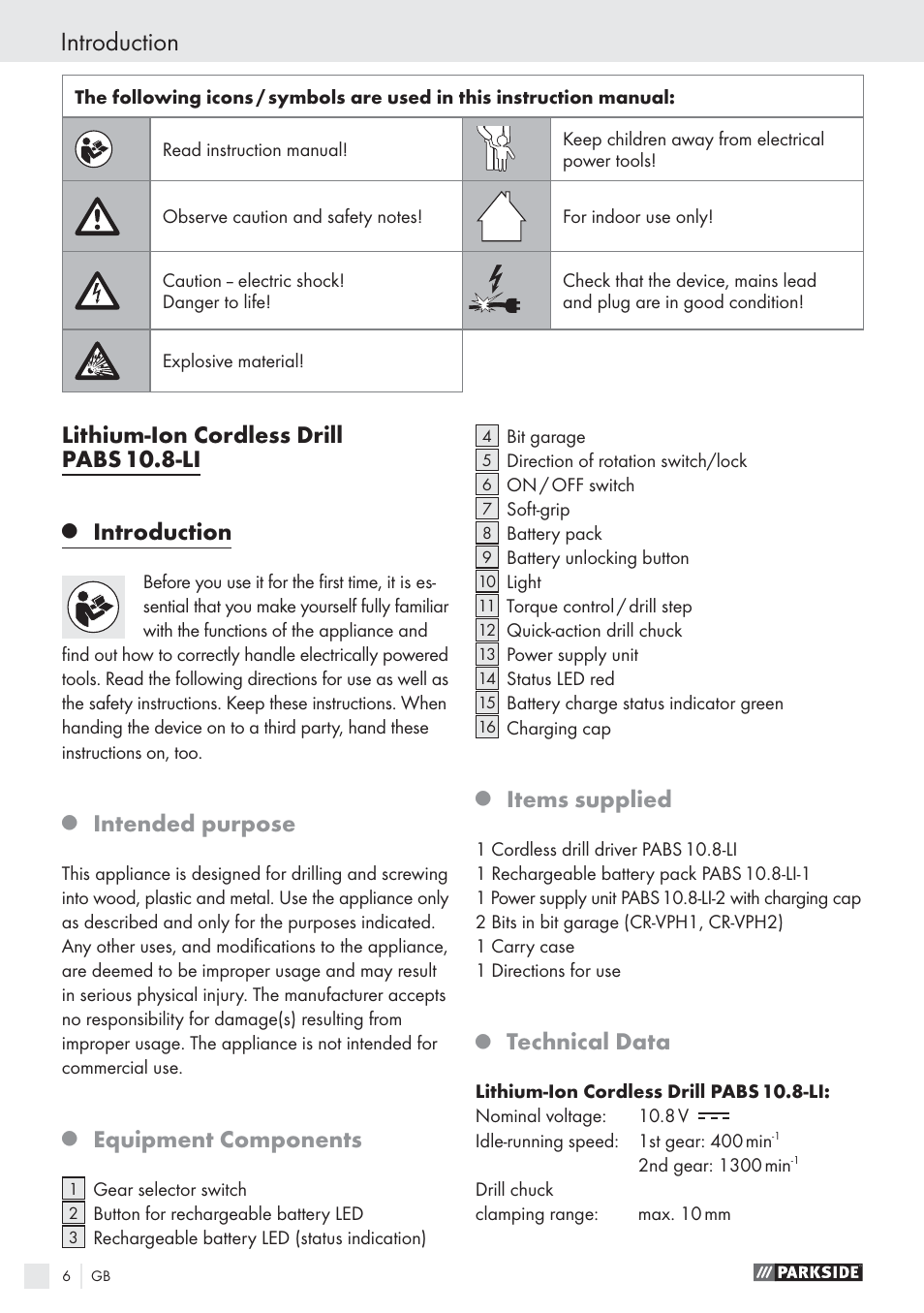 Introduction, Lithium-ion cordless drill pabs 10.8-li, Intended purpose | Equipment components, Items supplied, Technical data | Parkside PABS10.8-LI User Manual | Page 5 / 84