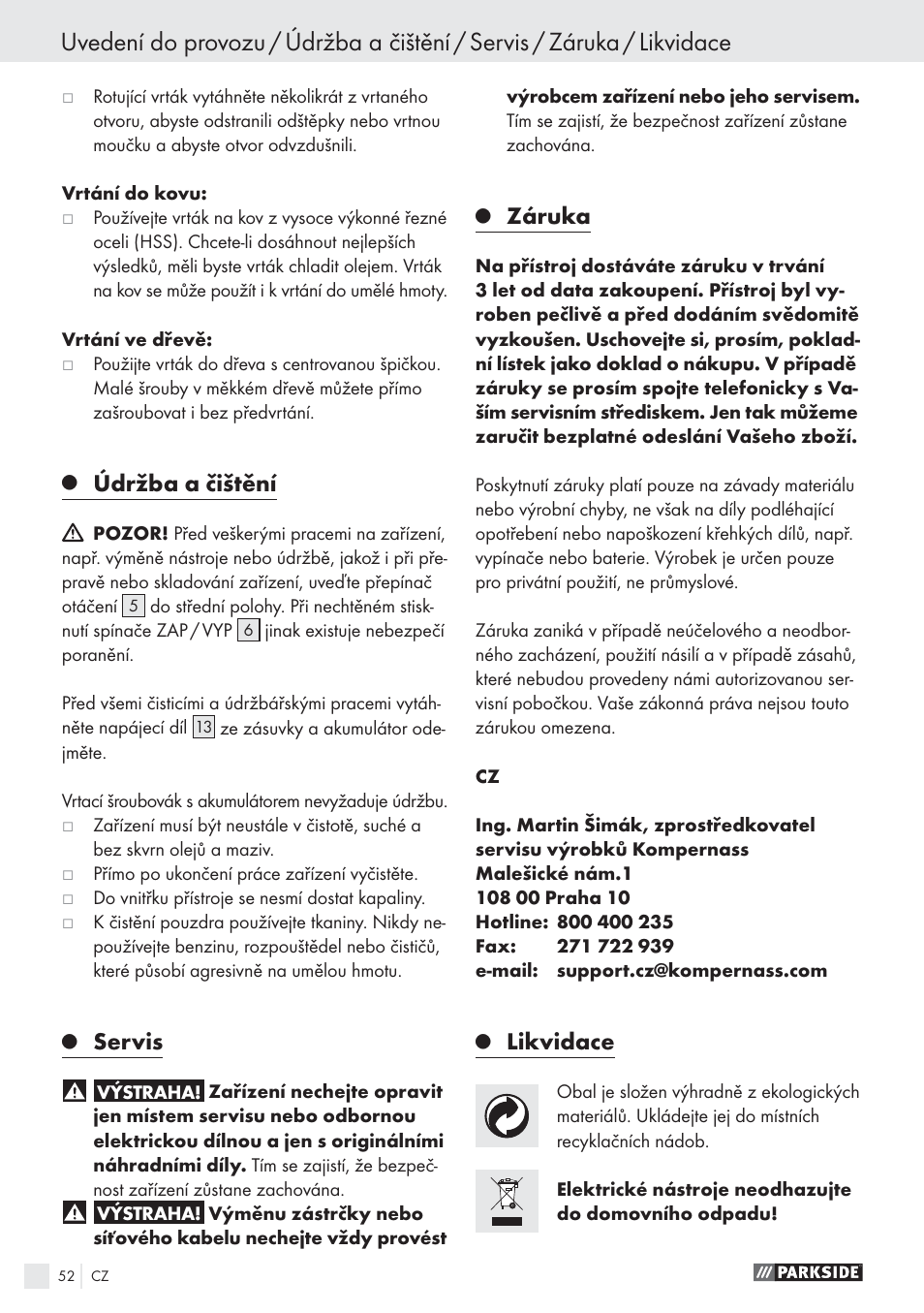 Údržba a čištění, Servis, Záruka | Likvidace | Parkside PABS10.8-LI User Manual | Page 51 / 84