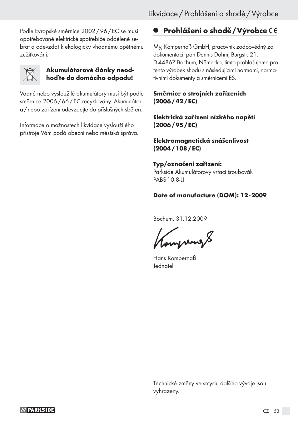 Likvidace / prohlášení o shodě / výrobce, Prohlášení o shodě / výrobce | Parkside PABS10.8-LI User Manual | Page 52 / 84
