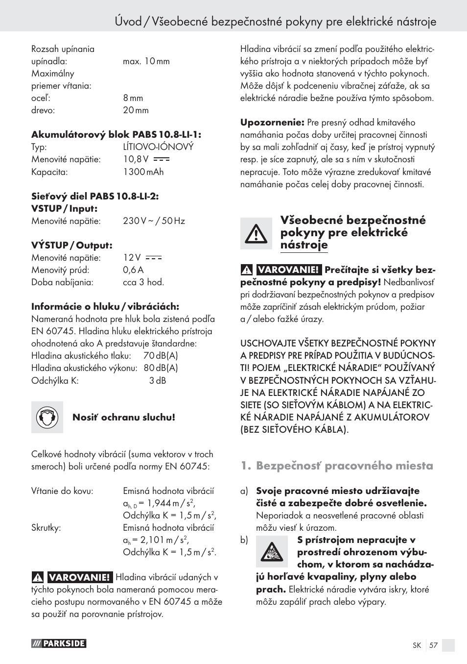 Bezpečnosť pracovného miesta | Parkside PABS10.8-LI User Manual | Page 56 / 84