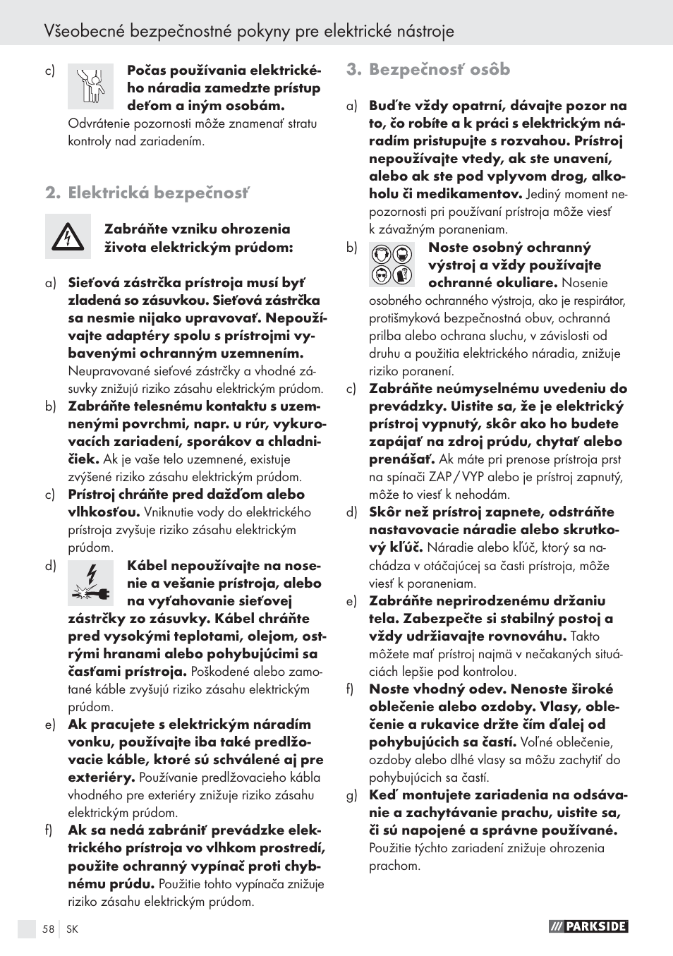 Elektrická bezpečnosť, Bezpečnosť osôb | Parkside PABS10.8-LI User Manual | Page 57 / 84