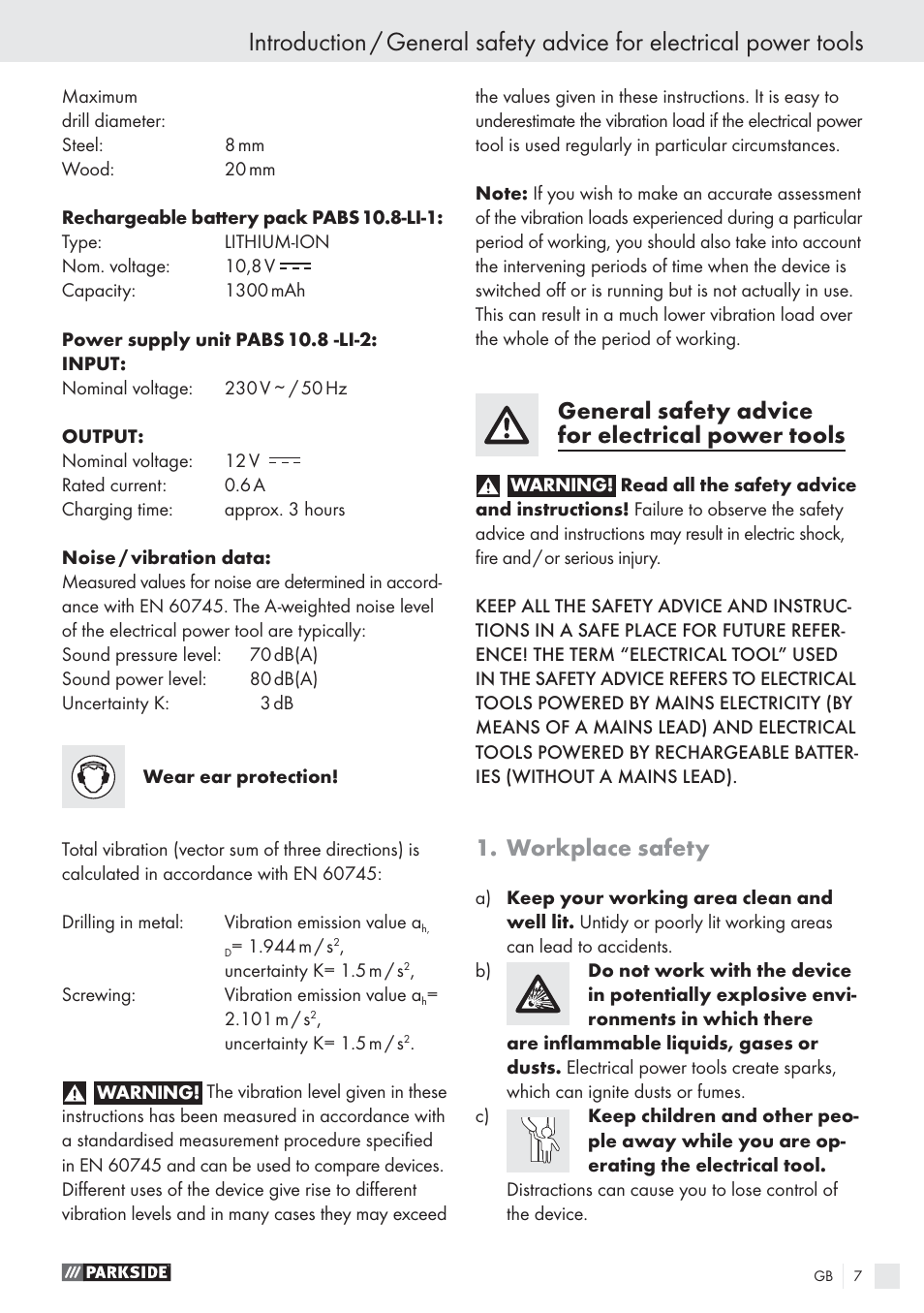 General safety advice for electrical power tools, Workplace safety | Parkside PABS10.8-LI User Manual | Page 6 / 84