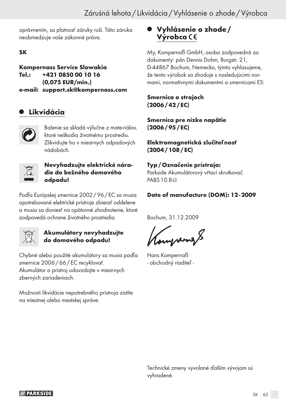 Likvidácia, Vyhlásenie o zhode / výrobca | Parkside PABS10.8-LI User Manual | Page 62 / 84