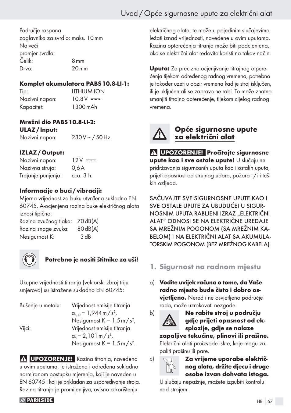 Uvod / opće sigurnosne upute za električni alat, Opće sigurnosne upute za električni alat, Sigurnost na radnom mjestu | Parkside PABS10.8-LI User Manual | Page 66 / 84