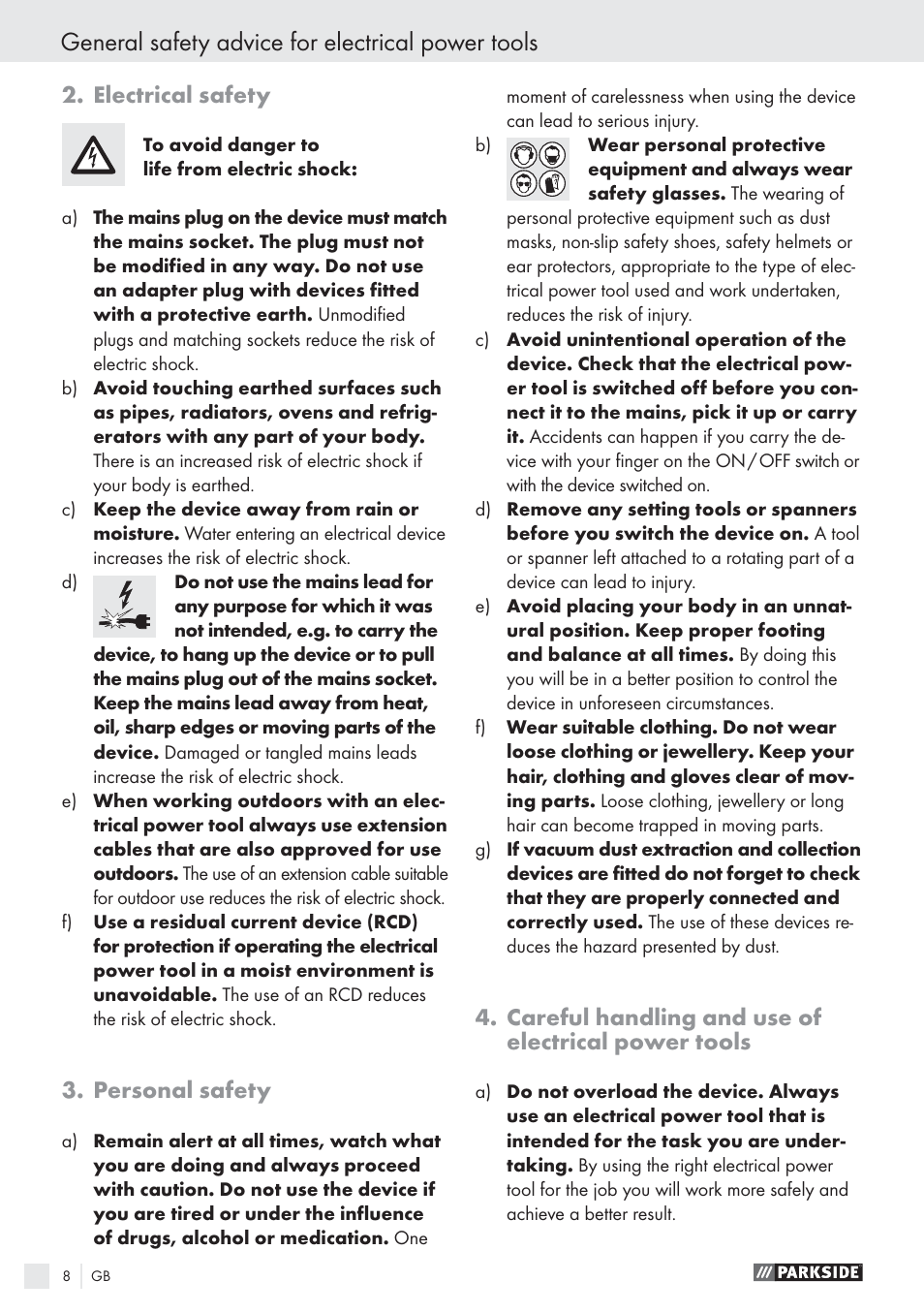 General safety advice for electrical power tools, Electrical safety, Personal safety | Careful handling and use of electrical power tools | Parkside PABS10.8-LI User Manual | Page 7 / 84