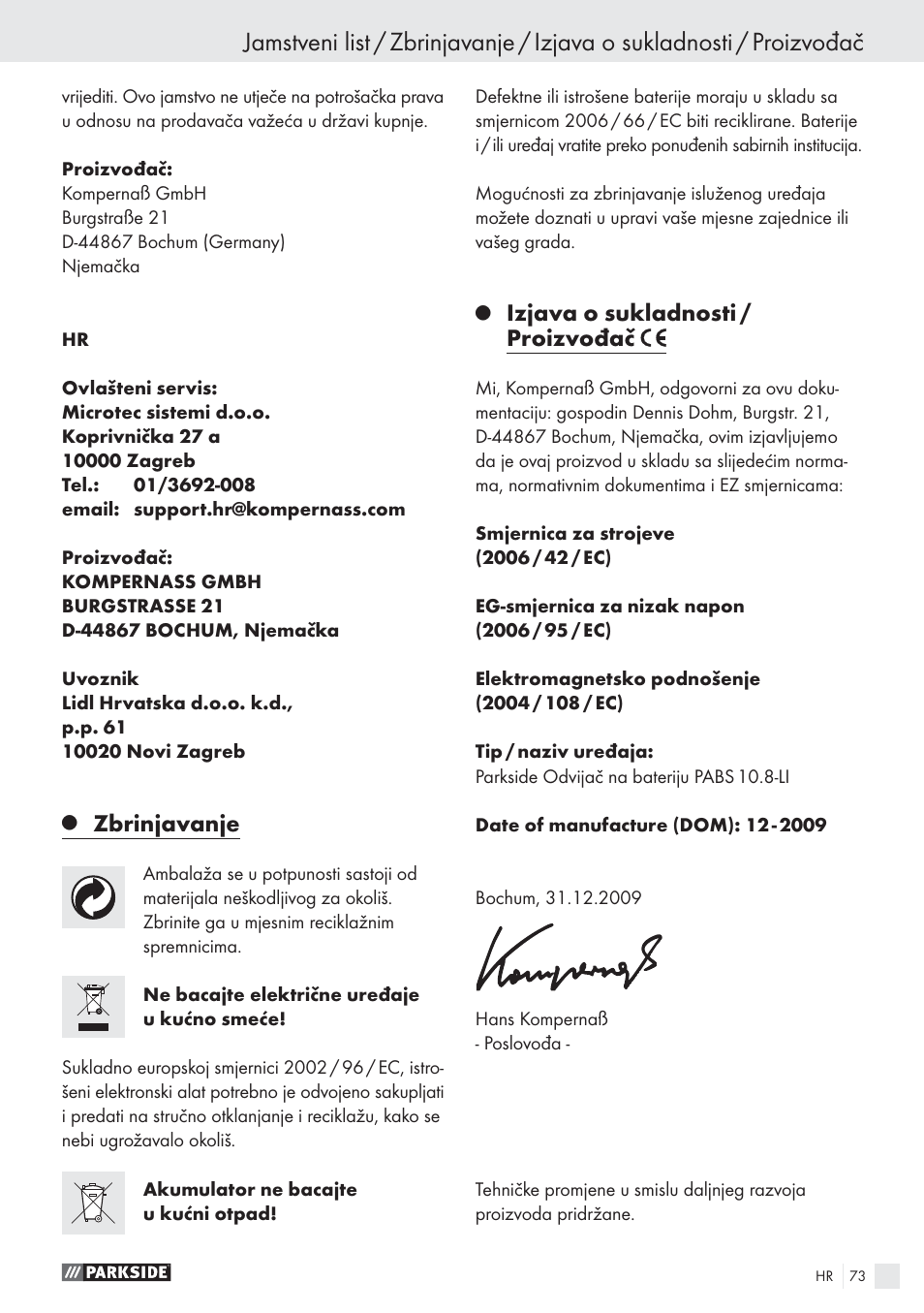 Zbrinjavanje, Izjava o sukladnosti / proizvođač | Parkside PABS10.8-LI User Manual | Page 72 / 84