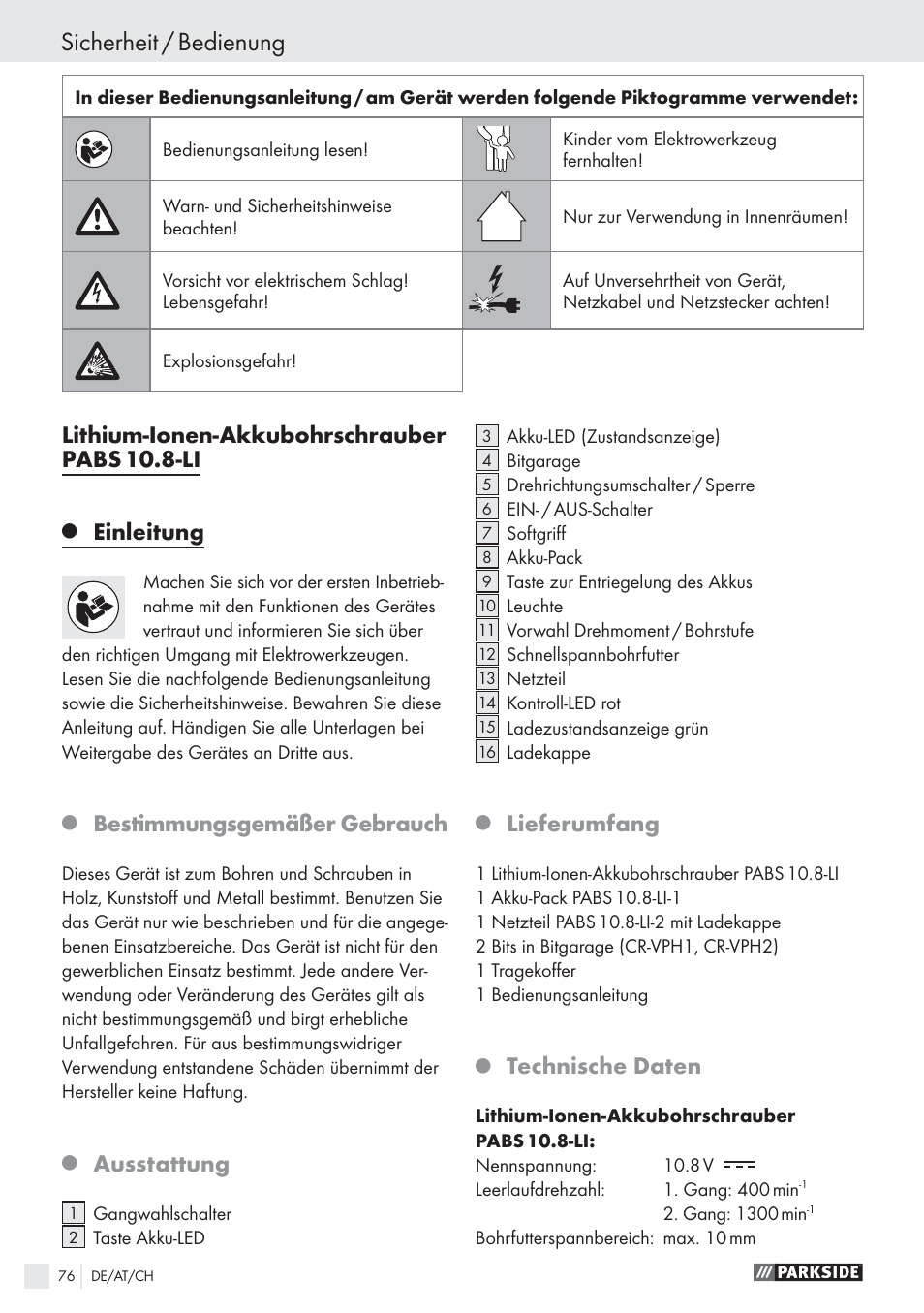 Sicherheit / bedienung, Lithium-ionen-akkubohrschrauber pabs 10.8-li, Einleitung | Bestimmungsgemäßer gebrauch, Ausstattung, Lieferumfang, Technische daten | Parkside PABS10.8-LI User Manual | Page 75 / 84