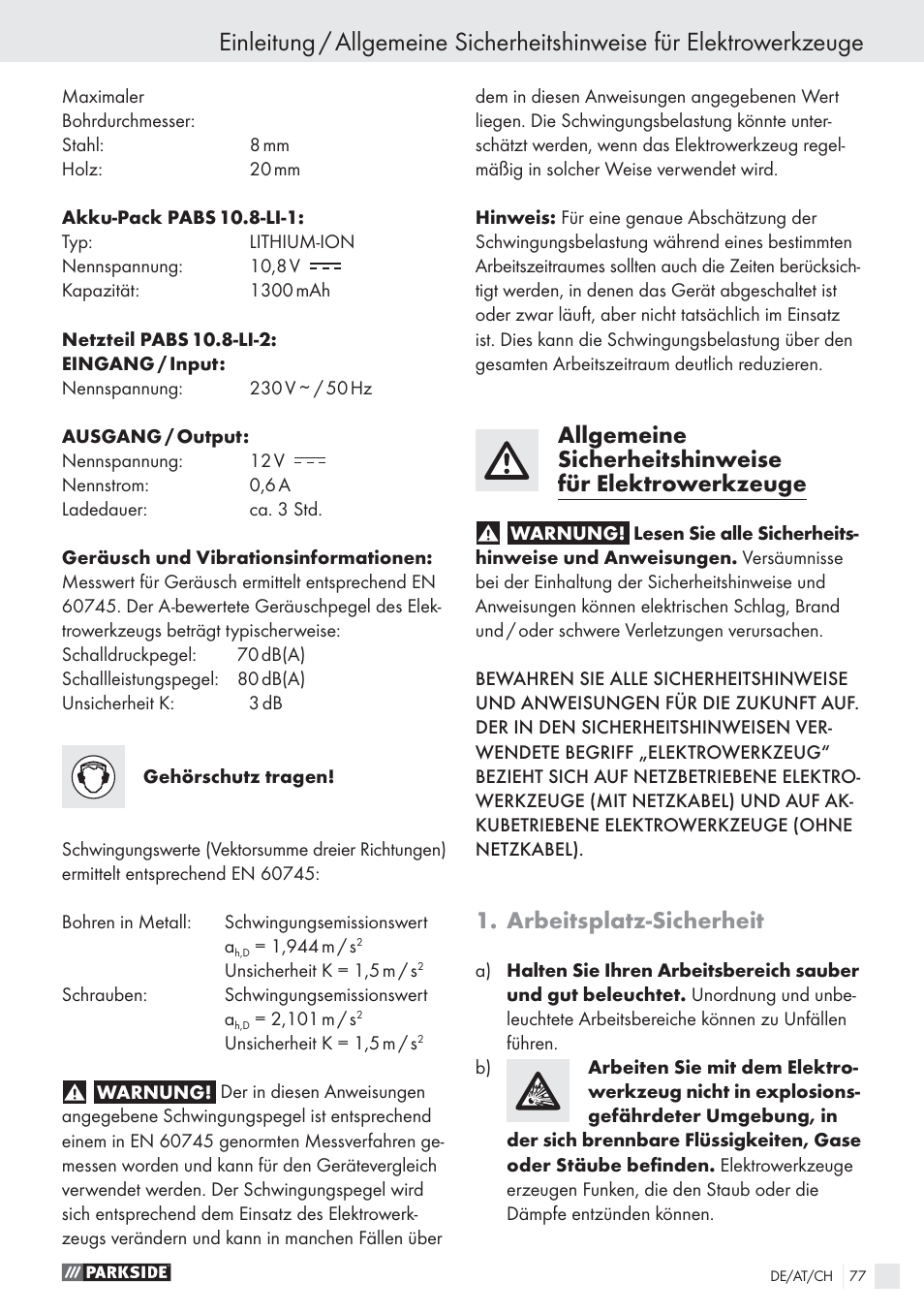 Arbeitsplatz-sicherheit | Parkside PABS10.8-LI User Manual | Page 76 / 84