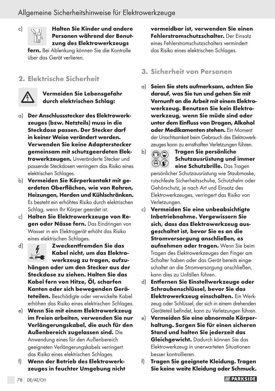 Elektrische sicherheit, Sicherheit von personen | Parkside PABS10.8-LI User Manual | Page 77 / 84