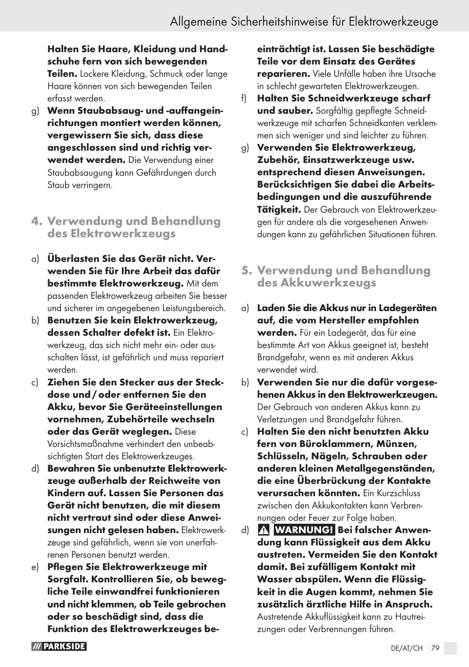 Verwendung und behandlung des elektrowerkzeugs, Verwendung und behandlung des akkuwerkzeugs | Parkside PABS10.8-LI User Manual | Page 78 / 84
