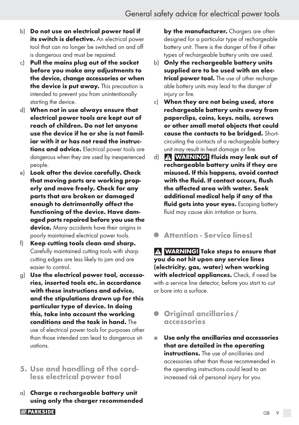 General safety advice for electrical power tools, Attention - service lines, Original ancillaries / accessories | Parkside PABS10.8-LI User Manual | Page 8 / 84