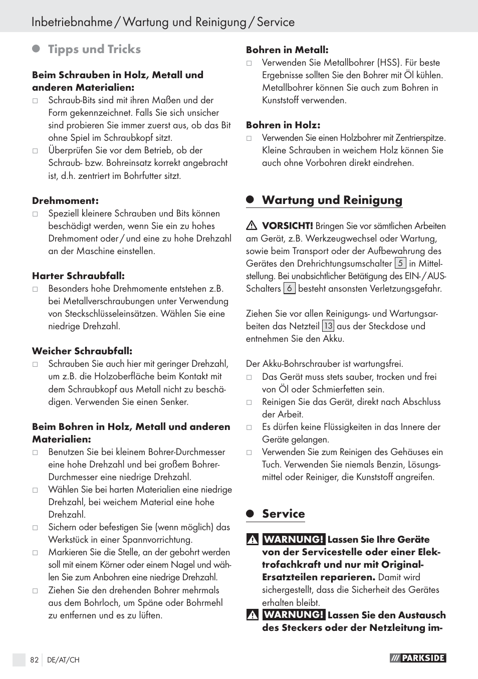 Inbetriebnahme / wartung und reinigung / service, Tipps und tricks, Wartung und reinigung | Service | Parkside PABS10.8-LI User Manual | Page 81 / 84