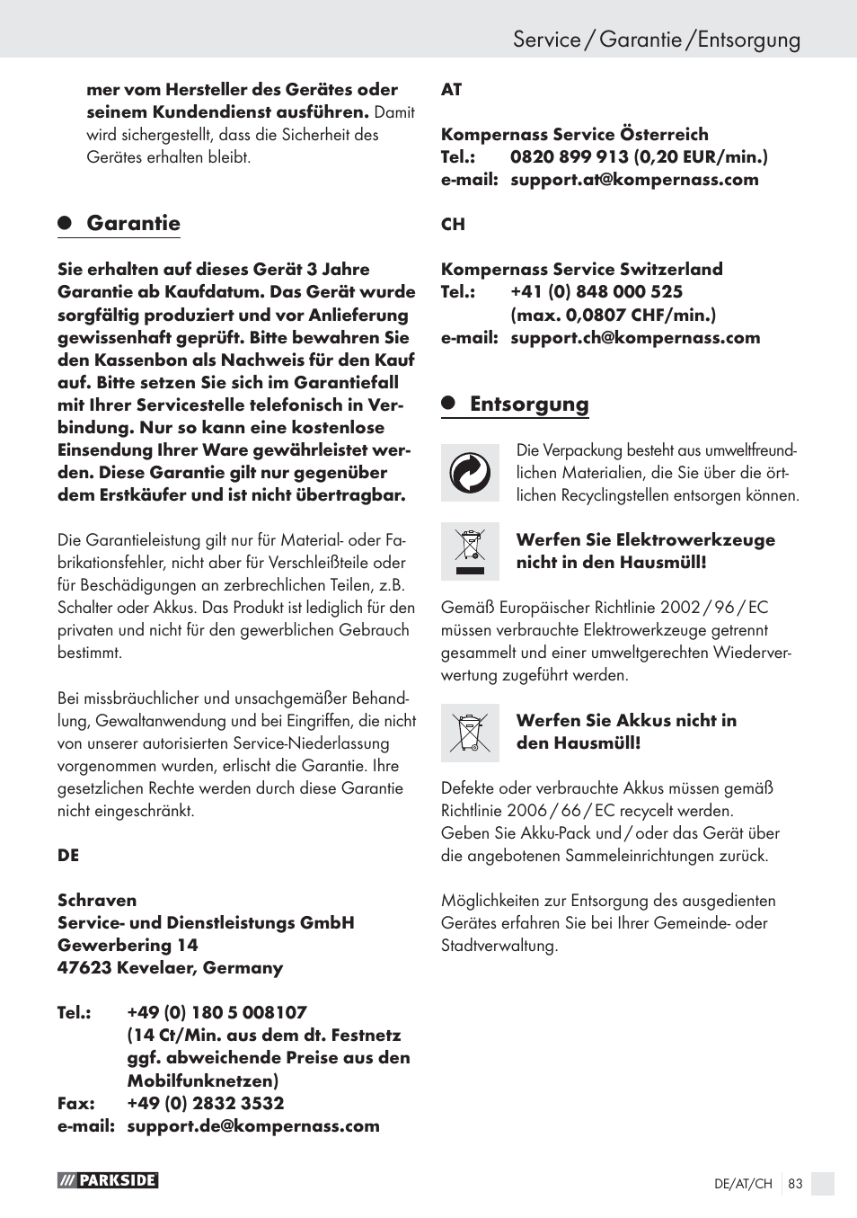 Service / garantie /entsorgung, Garantie, Entsorgung | Parkside PABS10.8-LI User Manual | Page 82 / 84