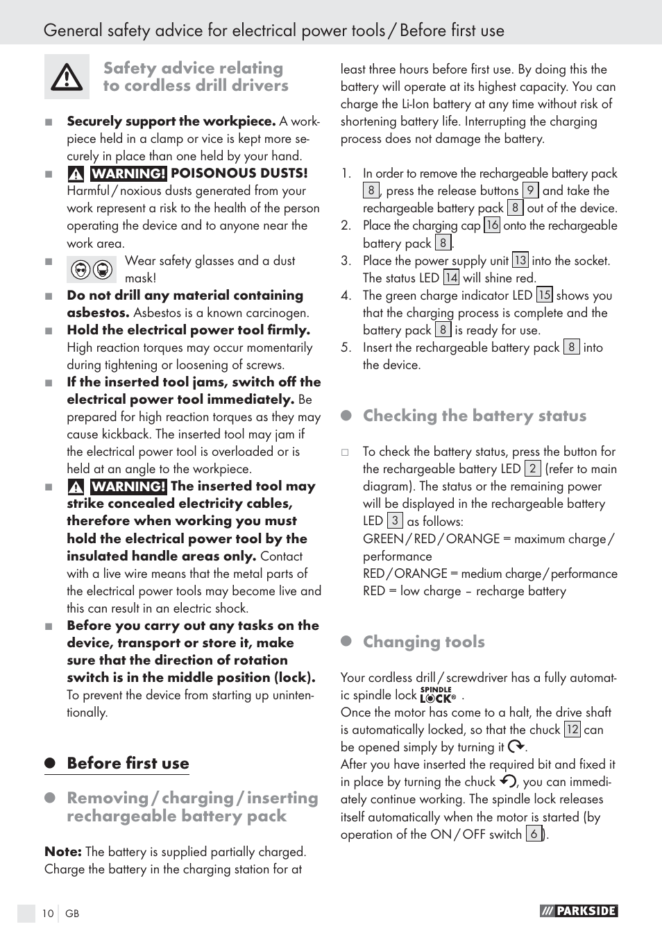 Safety advice relating to cordless drill drivers, Before ﬁrst use, Checking the battery status | Changing tools | Parkside PABS10.8-LI User Manual | Page 9 / 84