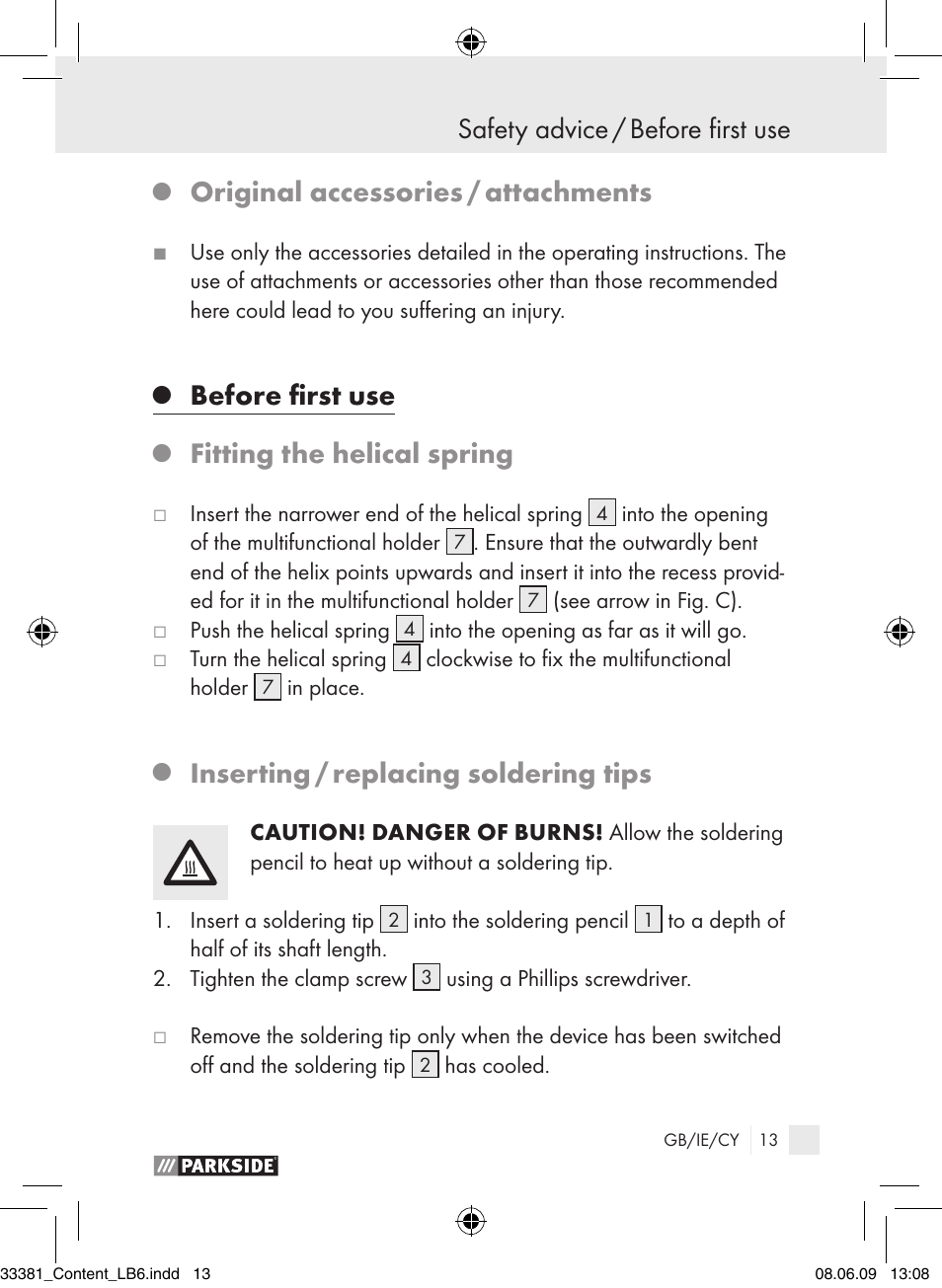 Safety advice / before first use, Original accessories / attachments, Before first use | Fitting the helical spring, Inserting / replacing soldering tips | Parkside PLS 30 User Manual | Page 12 / 19