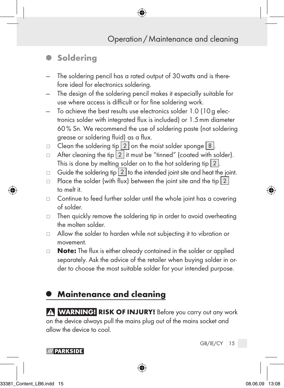 Operation / maintenance and cleaning, Soldering, Maintenance and cleaning | Parkside PLS 30 User Manual | Page 14 / 19
