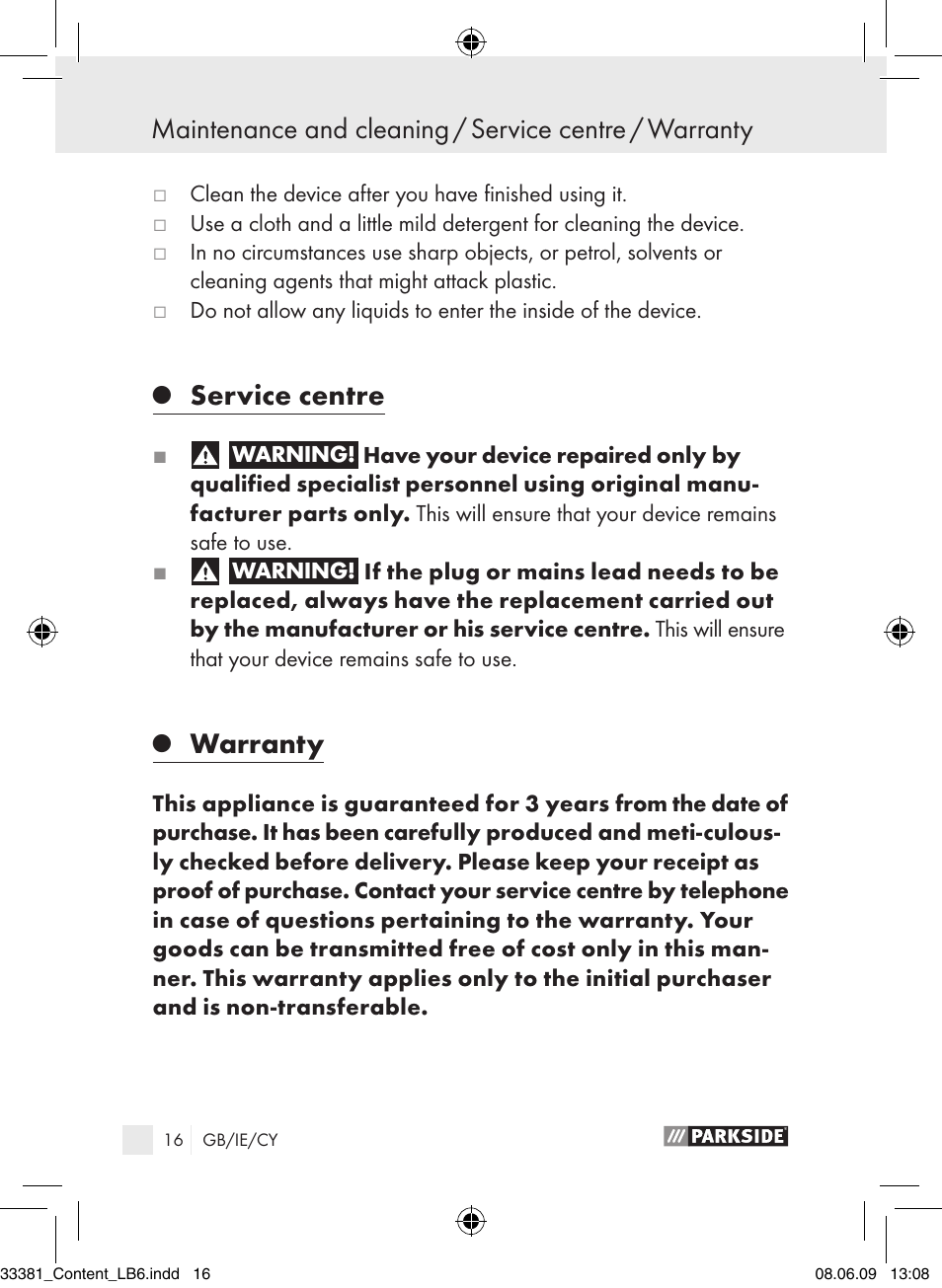 Service centre, Warranty | Parkside PLS 30 User Manual | Page 15 / 19