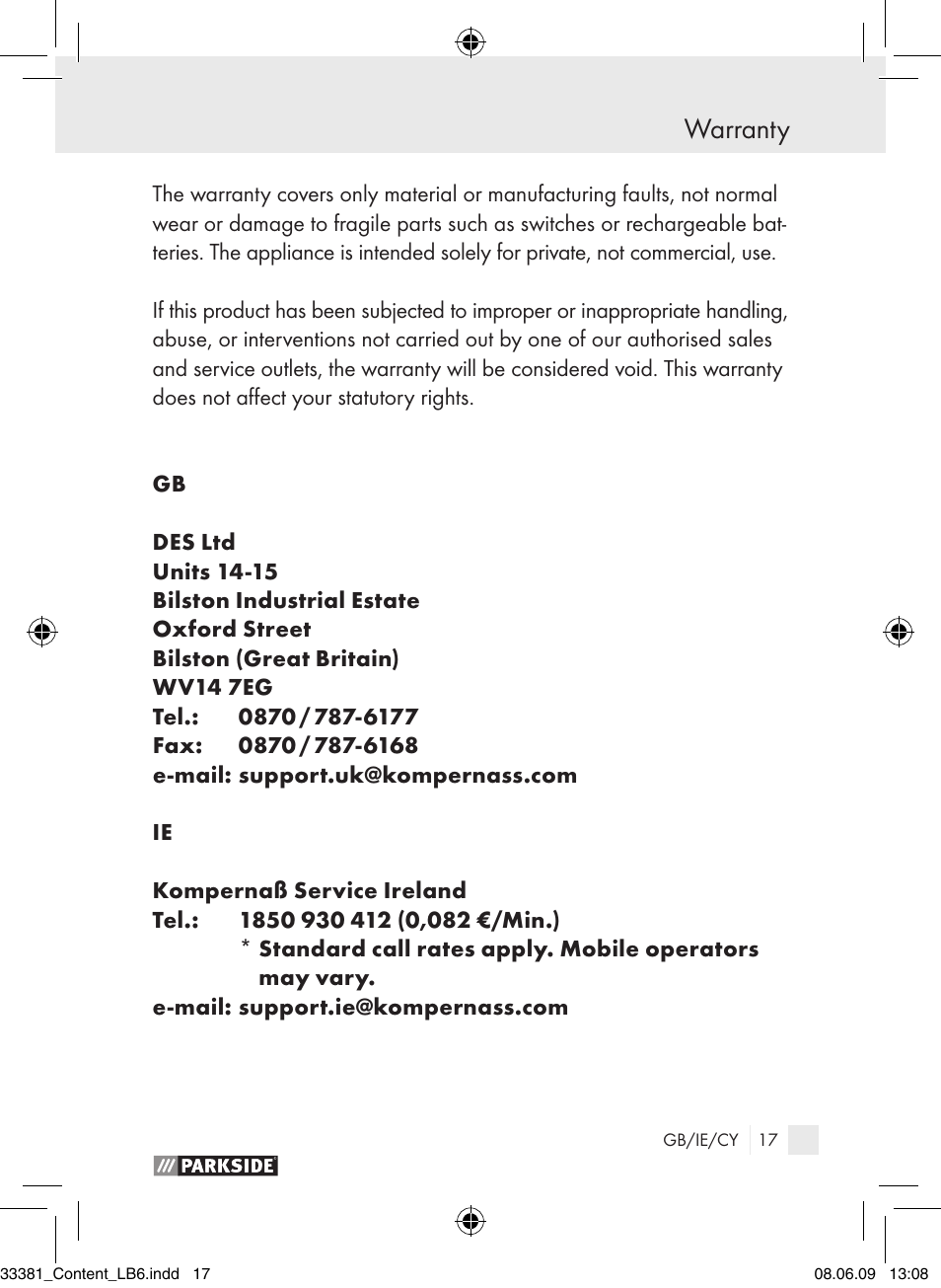 Warranty | Parkside PLS 30 User Manual | Page 16 / 19