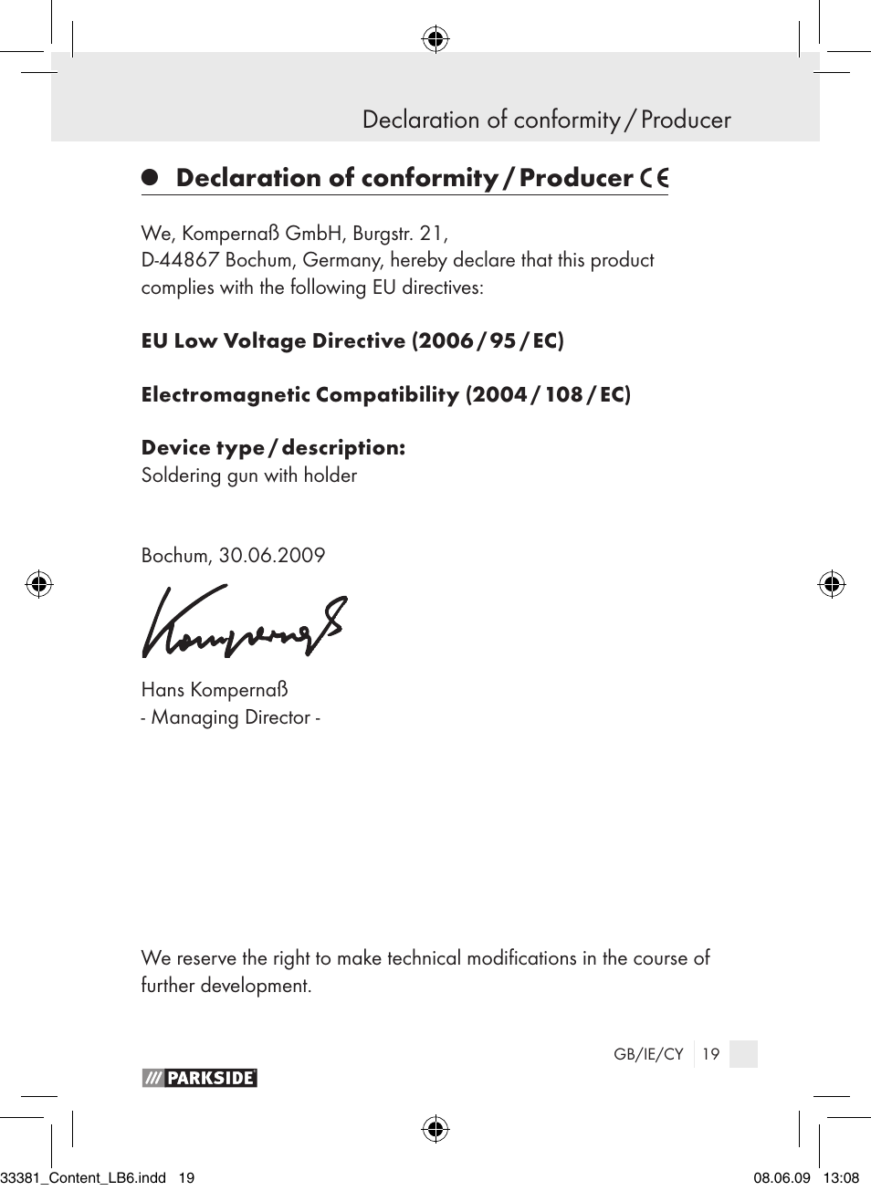 Declaration of conformity / producer | Parkside PLS 30 User Manual | Page 18 / 19