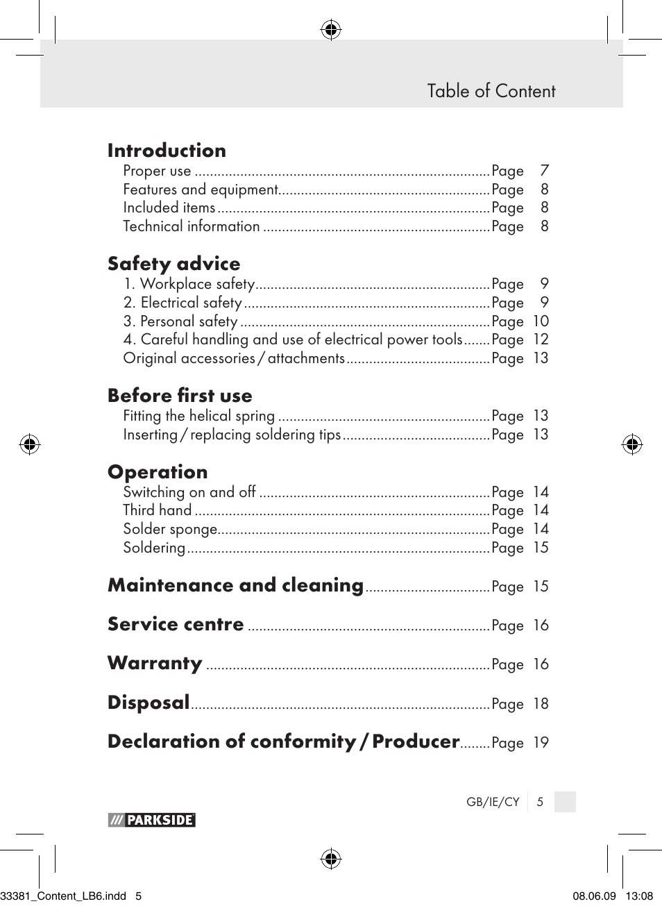 Introduction, Safety advice, Before first use | Operation, Maintenance and cleaning, Service centre, Warranty, Disposal, Declaration of conformity / producer, Table of content | Parkside PLS 30 User Manual | Page 4 / 19