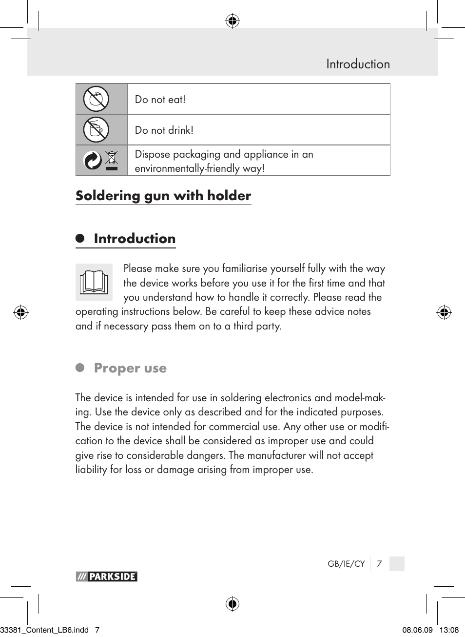 Introduction, Soldering gun with holder, Proper use | Parkside PLS 30 User Manual | Page 6 / 19