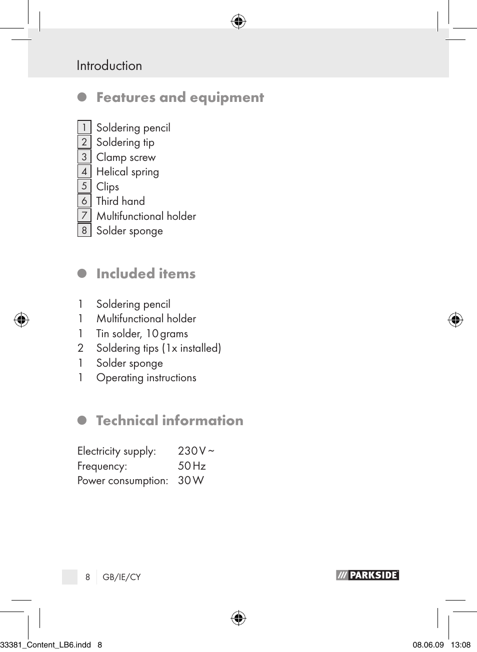 Introduction, Features and equipment, Included items | Technical information | Parkside PLS 30 User Manual | Page 7 / 19