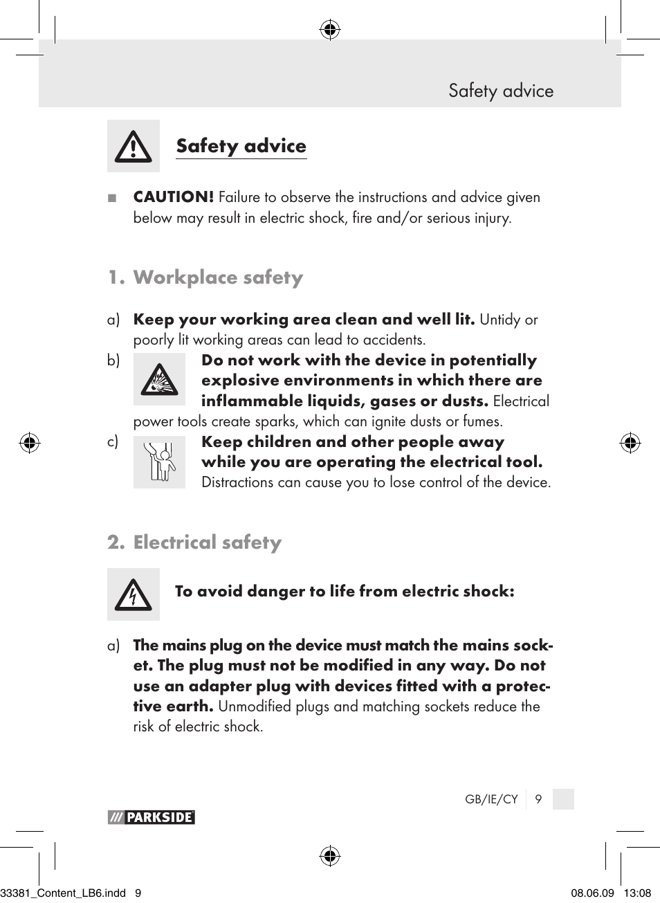 Safety advice, Workplace safety, Electrical safety | Parkside PLS 30 User Manual | Page 8 / 19