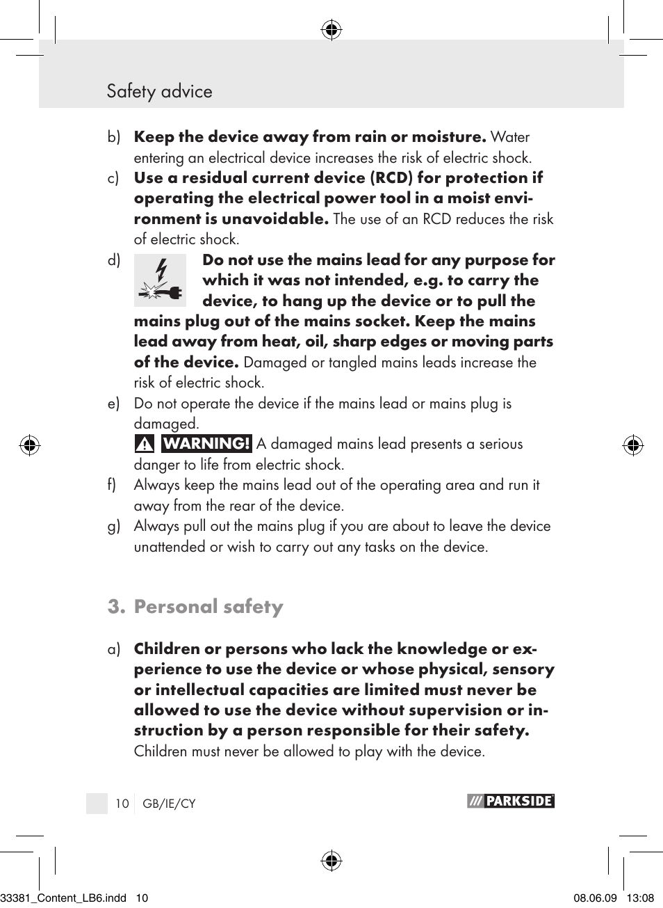 Safety advice, Personal safety | Parkside PLS 30 User Manual | Page 9 / 19