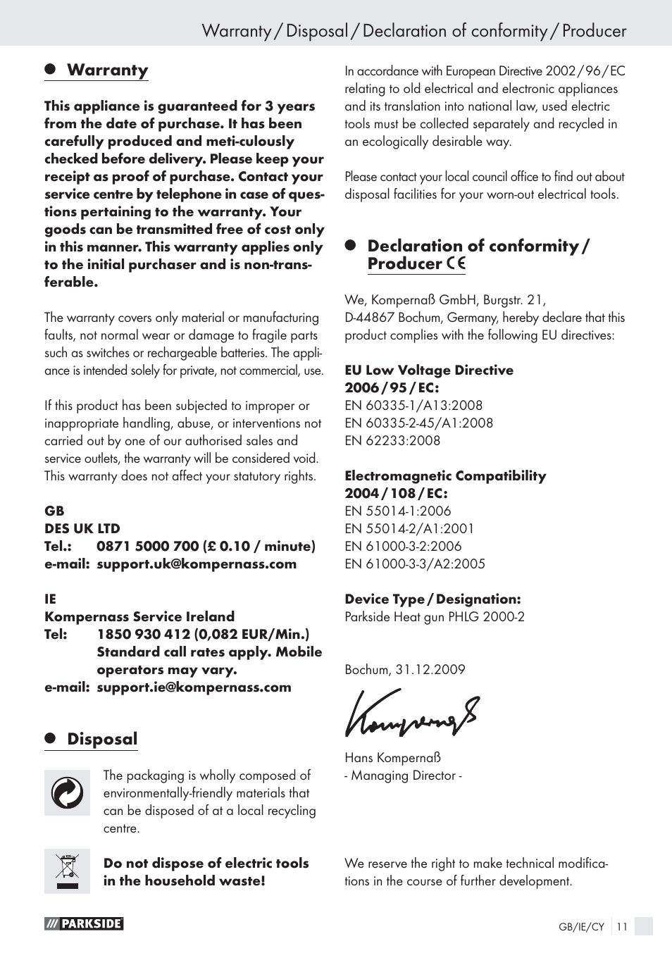 Warranty, Disposal, Declaration of conformity / producer | Parkside PHLG 2000-2 User Manual | Page 10 / 11