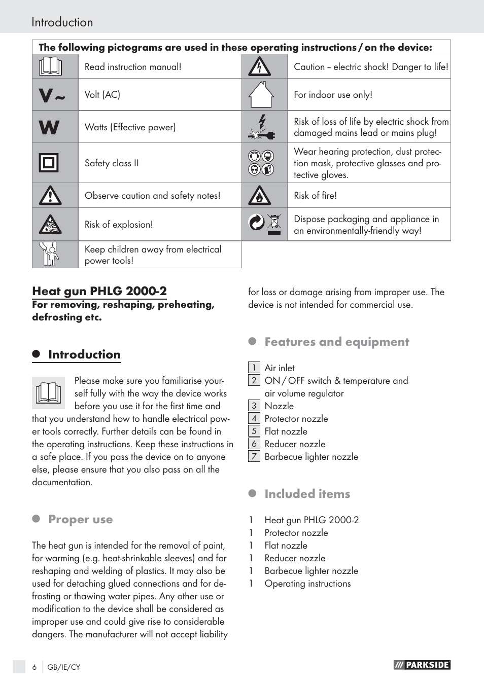 Introduction, Proper use, Features and equipment | Included items | Parkside PHLG 2000-2 User Manual | Page 5 / 11
