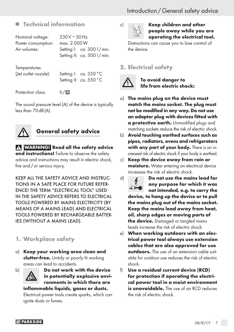 Introduction / general safety advice, Technical information, General safety advice | Workplace safety, Electrical safety | Parkside PHLG 2000-2 User Manual | Page 6 / 11