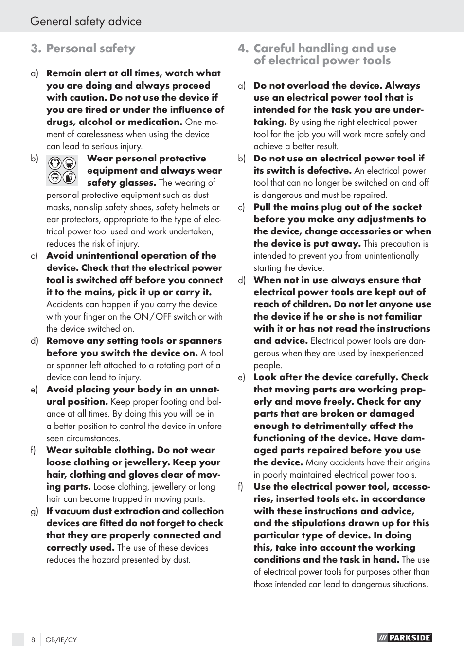 General safety advice, Personal safety, Careful handling and use of electrical power tools | Parkside PHLG 2000-2 User Manual | Page 7 / 11