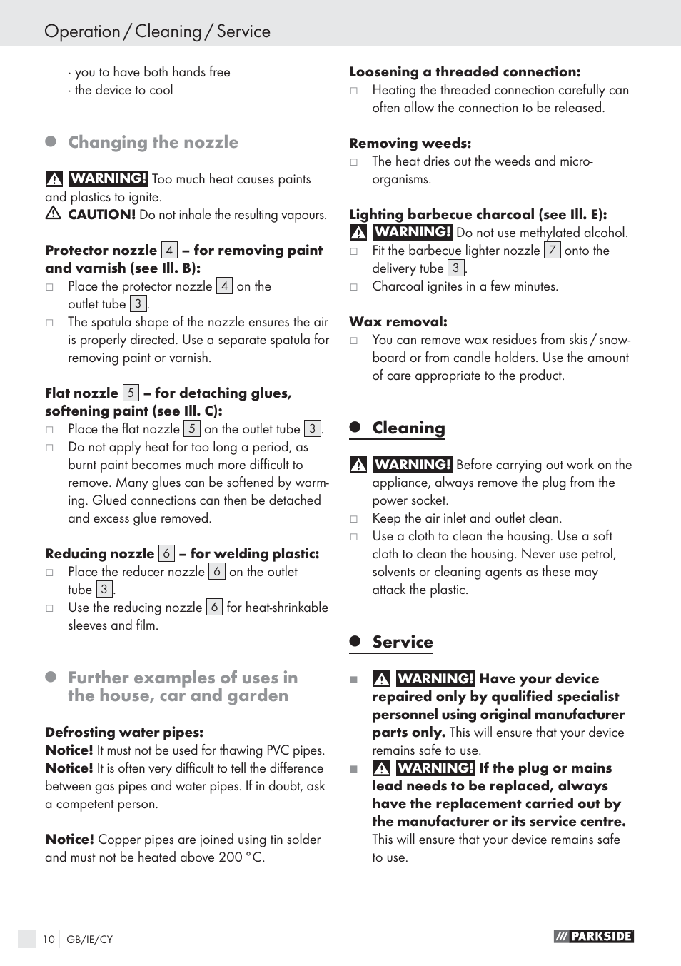 Operation / cleaning / service, Changing the nozzle, Cleaning | Service | Parkside PHLG 2000-2 User Manual | Page 9 / 11